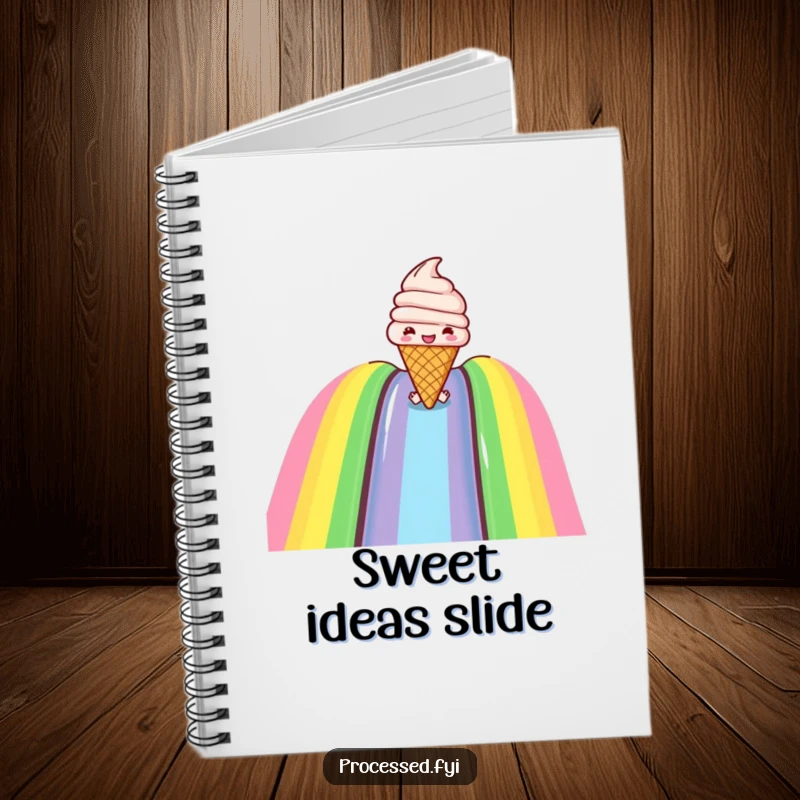 Funny notebook cover with a joyful ice cream cone sliding down a rainbow slide, providing a sweet and humorous place for notes.