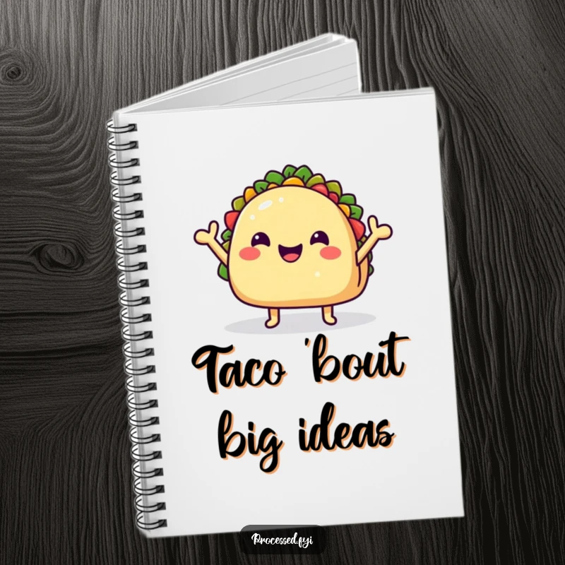 Funny Notebook featuring a delighted taco character waving enthusiastically, perfect for jotting down notes with a side of food humor.