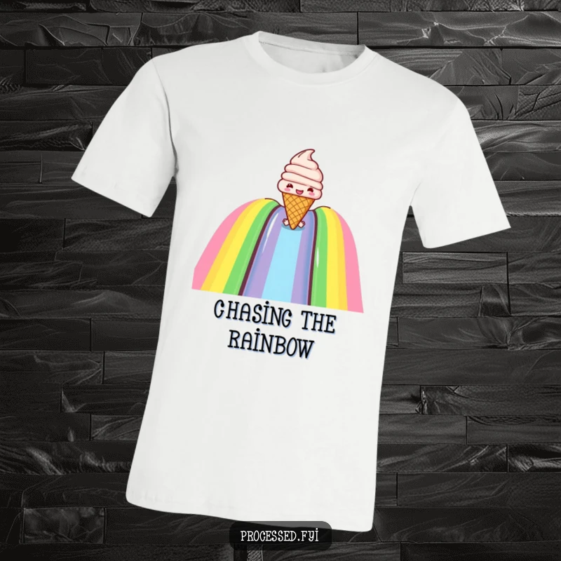 Funny t-shirt of a joyful ice cream cone sliding down a rainbow slide, expressing pure happiness and a love for sweet moments.