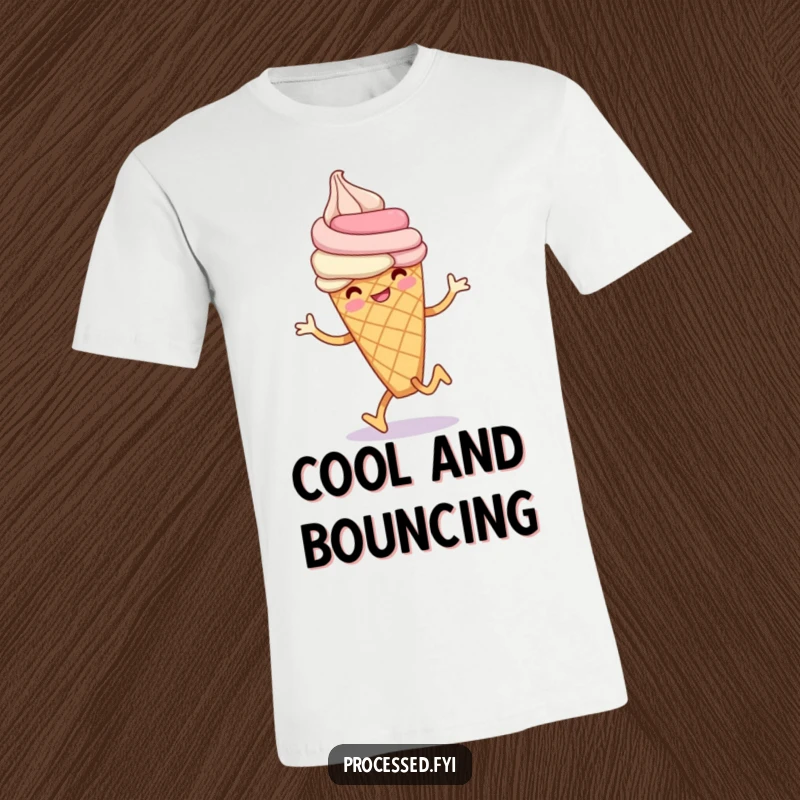 Funny ice cream cone t-shirt showing a smiling anthropomorphic ice cream cone in a happy, playful hop, embodying pure joy.