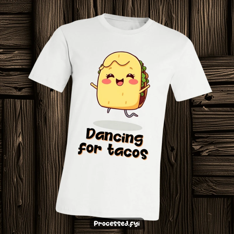 Funny t-shirt featuring a smiling taco with legs dancing joyfully, capturing food-inspired happiness.