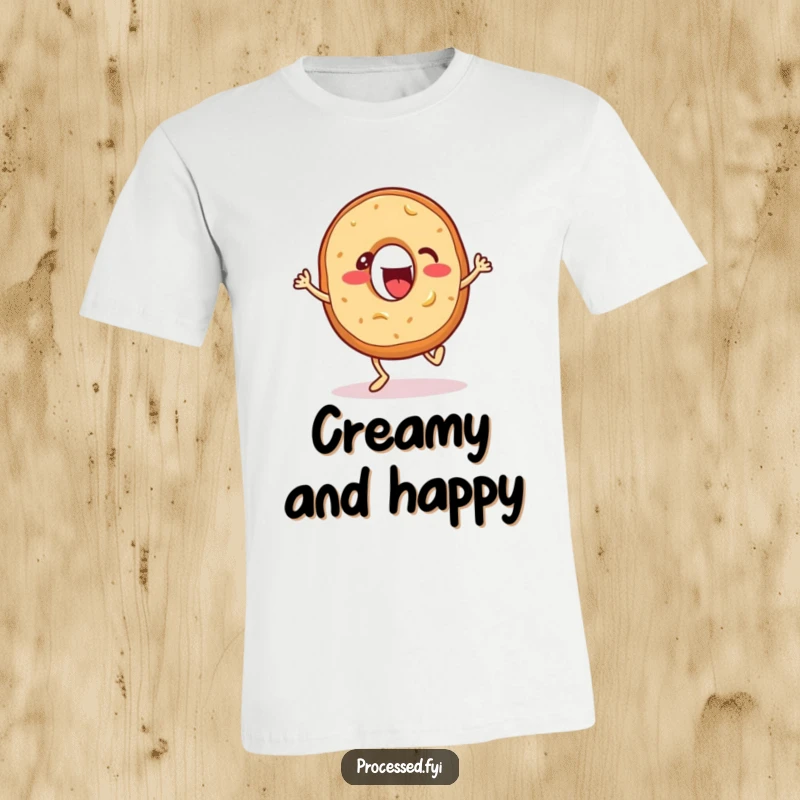Funny t-shirt showcasing an energetic bagel with cream cheese, enthusiastically tapping its feet, comfortable and vibrant apparel