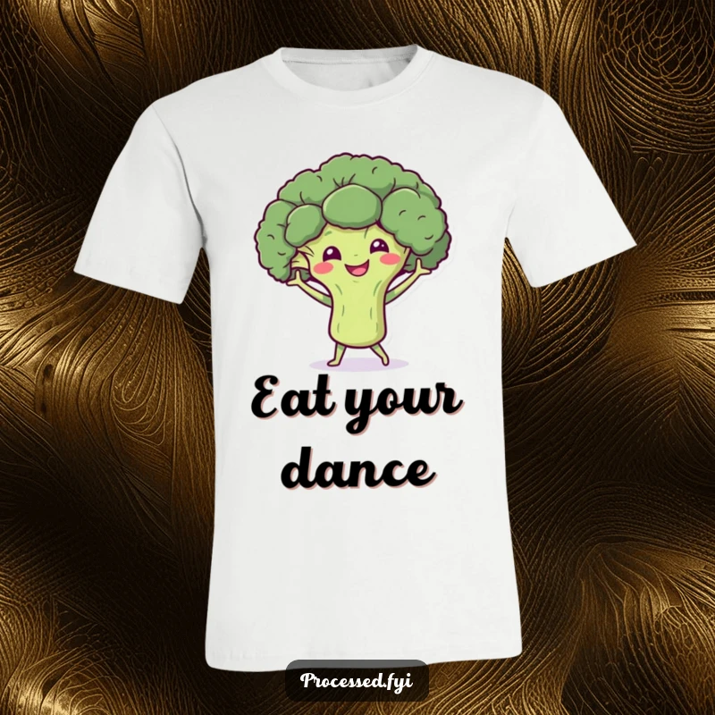 Funny t-shirt depicting a smiling broccoli character enthusiastically dancing with tiny arms, full of joy and healthy energy.