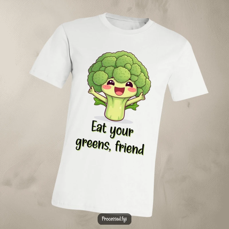 Funny broccoli t-shirt showing a smiling floret excitedly waving its leaves, perfect for healthy and humorous style.