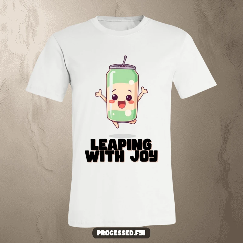 Funny bubbly soda can leaping with excitement, printed on a comfortable and humorous t-shirt.