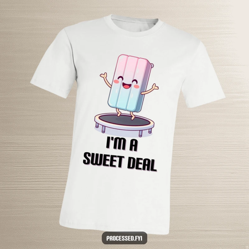 Funny t-shirt depicting a joyful anthropomorphic candy bar energetically bouncing on a trampoline, full of sweet excitement.