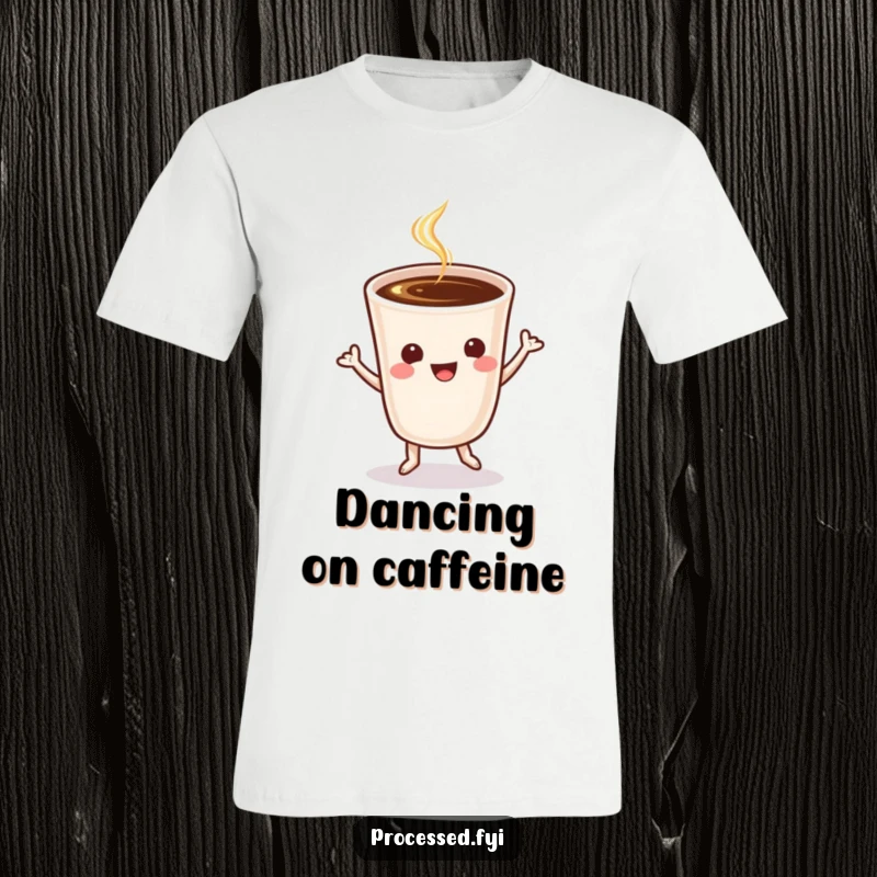 Funny, cheerful coffee cup doing a happy jig, printed on a comfortable and humorous t-shirt.
