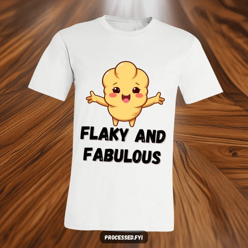Funny croissant T-shirt with a beaming, anthropomorphic croissant heroically stretching its arms out, exuding warmth and pastry perfection.