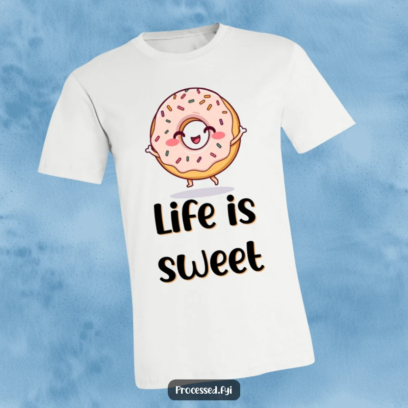 Funny t-shirt featuring a grinning donut character with sprinkles, enthusiastically doing a happy little dance.
