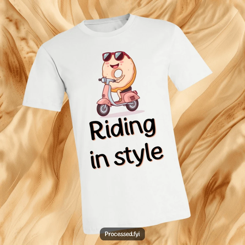 Funny Donut Riding Scooter T-Shirt, a smiling donut with sunglasses, perfect for those who love fun and stylish rides.