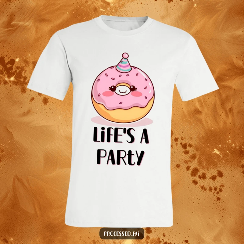 Funny Donut T-Shirt showcasing a blushing character with a party hat and sprinkles, embodying sweet celebration and humor.