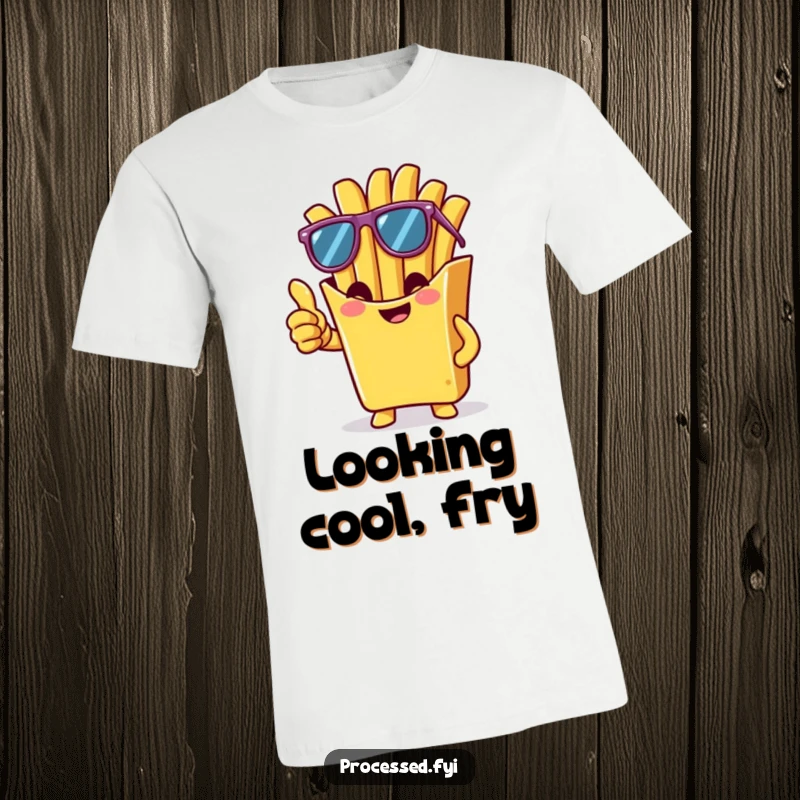 Funny t-shirt of a cheeky french fry wearing sunglasses and giving a thumbs-up, embodying a cool and humorous attitude.
