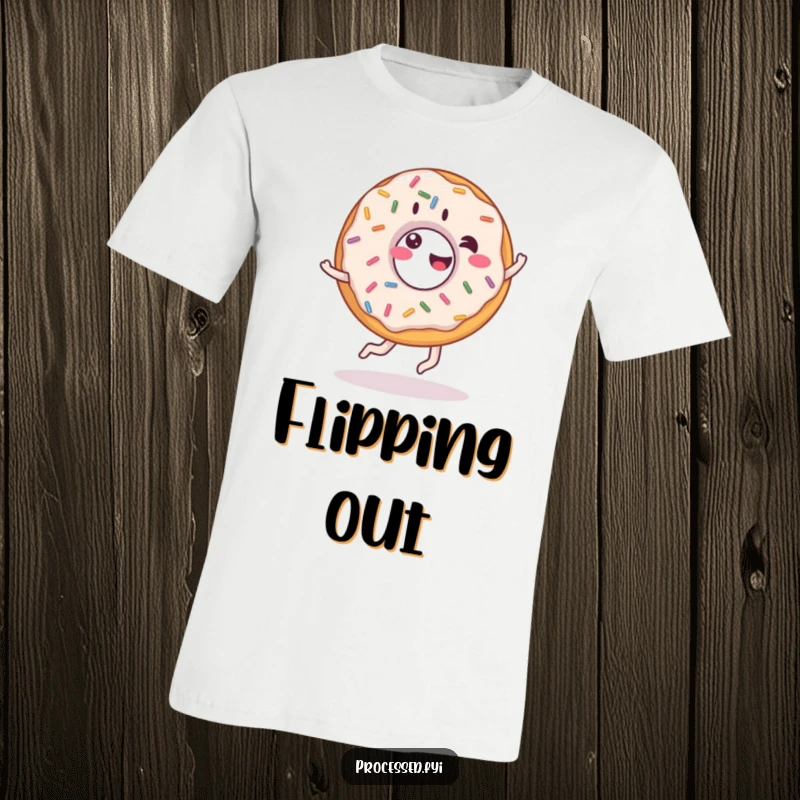Funny donut t-shirt, giddy donut with sprinkles doing a cartwheel, capturing energetic fun and sweetness.