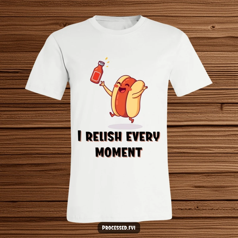 Funny hot dog t-shirt of a dancing wiener in a bun tossing a tiny ketchup bottle, perfect for playful style.