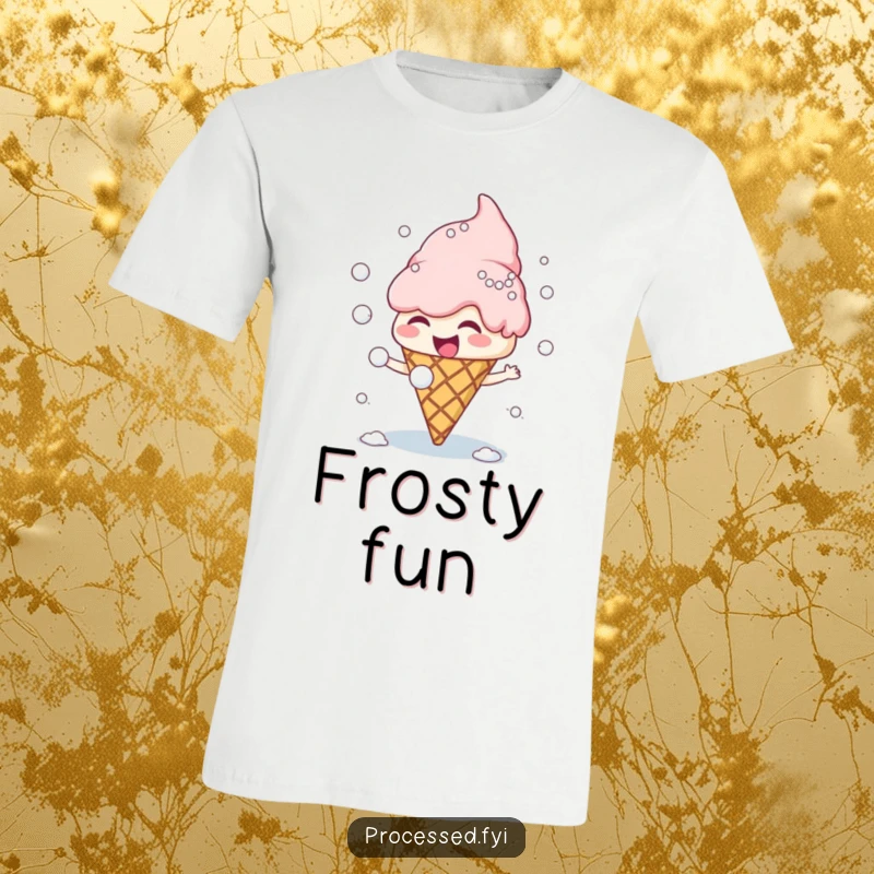 Funny giggling ice cream cone character joyfully throwing snowballs at its own scoops in a winter fight.