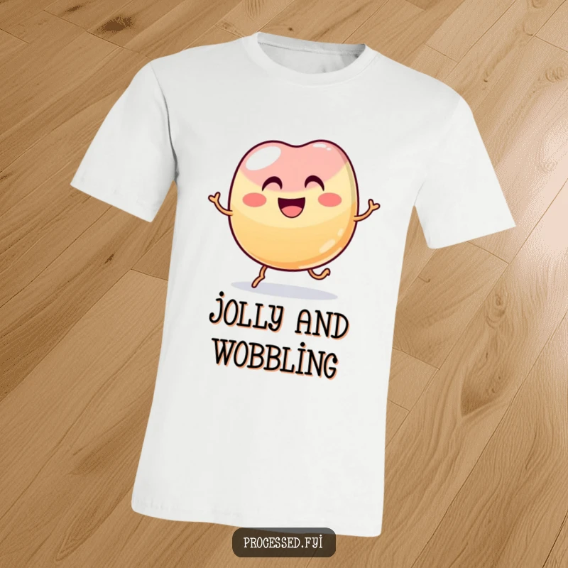 Funny wobbly jelly bean with a wide grin, hopping joyfully, a humorous and vibrant t-shirt design.
