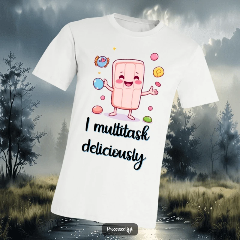 Funny t-shirt showcasing an anthropomorphic candy bar in the act of juggling mini sweets with a cheerful expression.