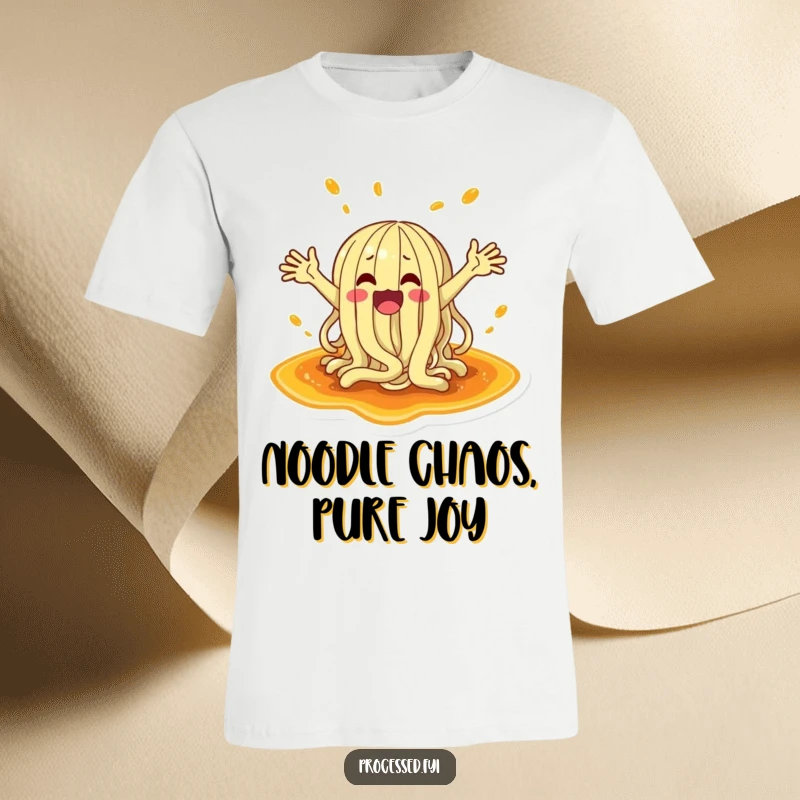 Funny t-shirt with a wildly flailing noodle character splashing enthusiastically in a large puddle of savory sauce.