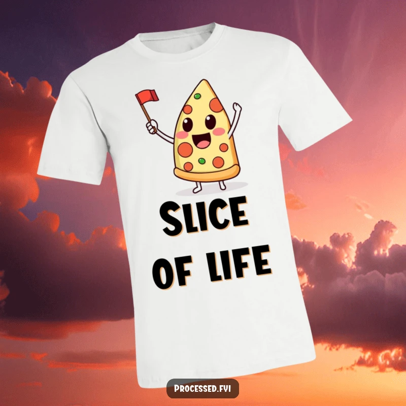 Funny t-shirt depicting a delighted anthropomorphic pizza slice joyfully waving a tiny flag, full of celebratory spirit.