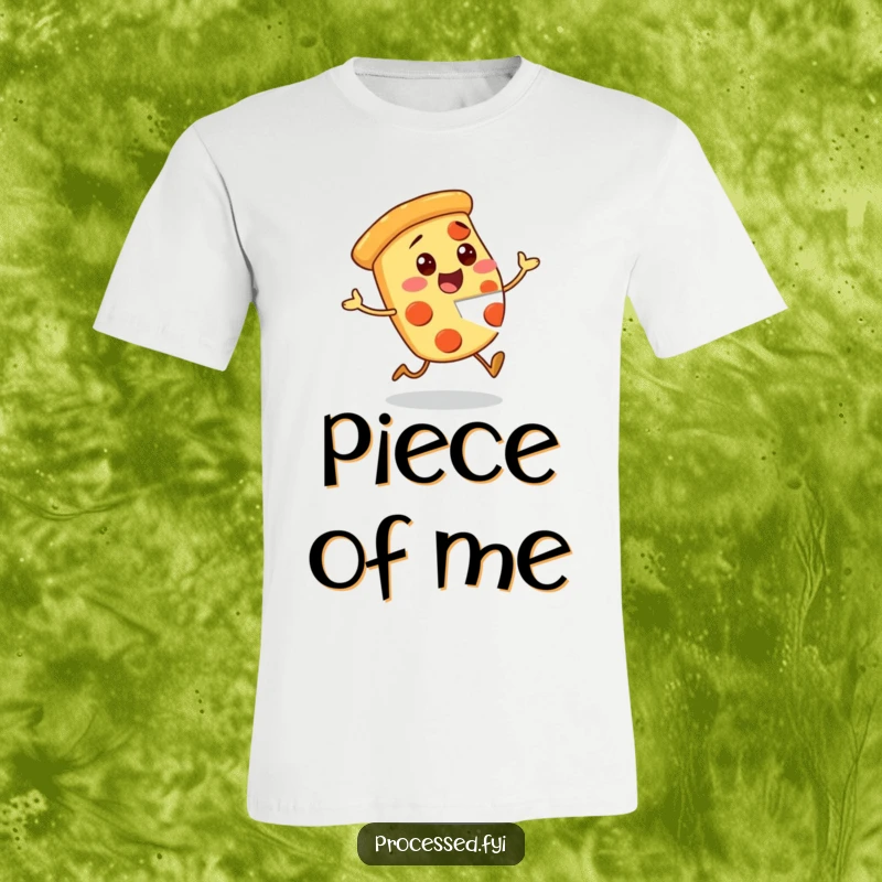 Funny Pizza T-Shirt showcasing an excited character with a missing piece, embodying pure pizza joy and humor.