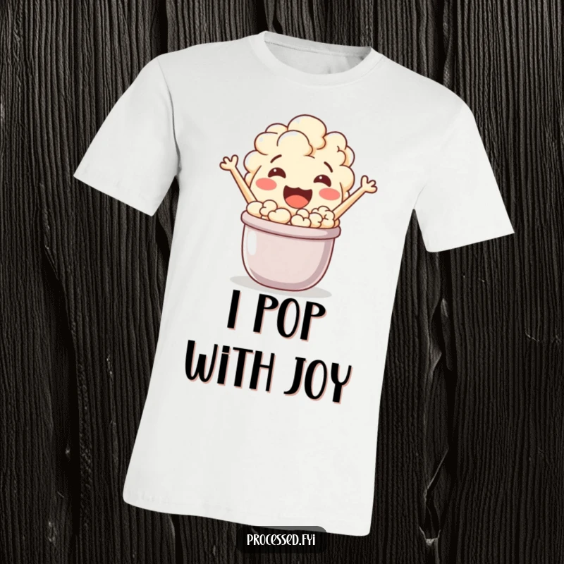 Funny popcorn character, energetically popping from a small pot, symbolizing excitement and joy. A fun graphic tee.