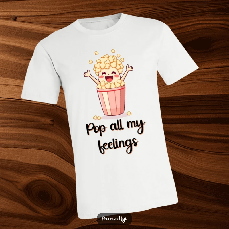 Funny T-Shirt depicting a happy popcorn bag energetically leaping out of its own container, conveying pure snack joy.