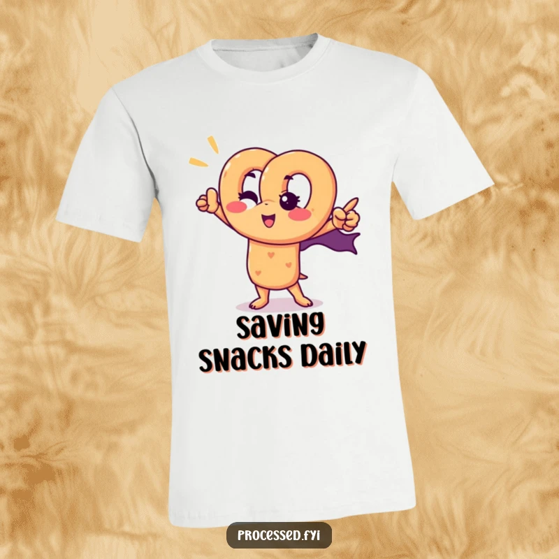 Funny pretzel superhero t-shirt featuring a charming, winking pretzel character in a heroic pose, ready to save the world.
