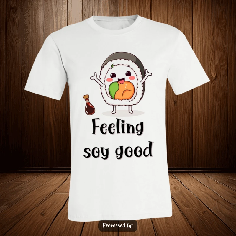 Funny t-shirt showcasing a cheerful sushi roll waving happily with its arms, a tiny soy sauce bottle nearby, cute and fun