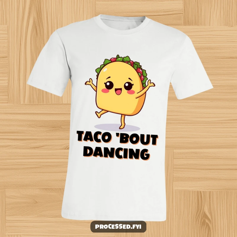 Funny T-shirt depicting a sassy taco with legs performing a lively salsa dance, radiating fiesta energy.