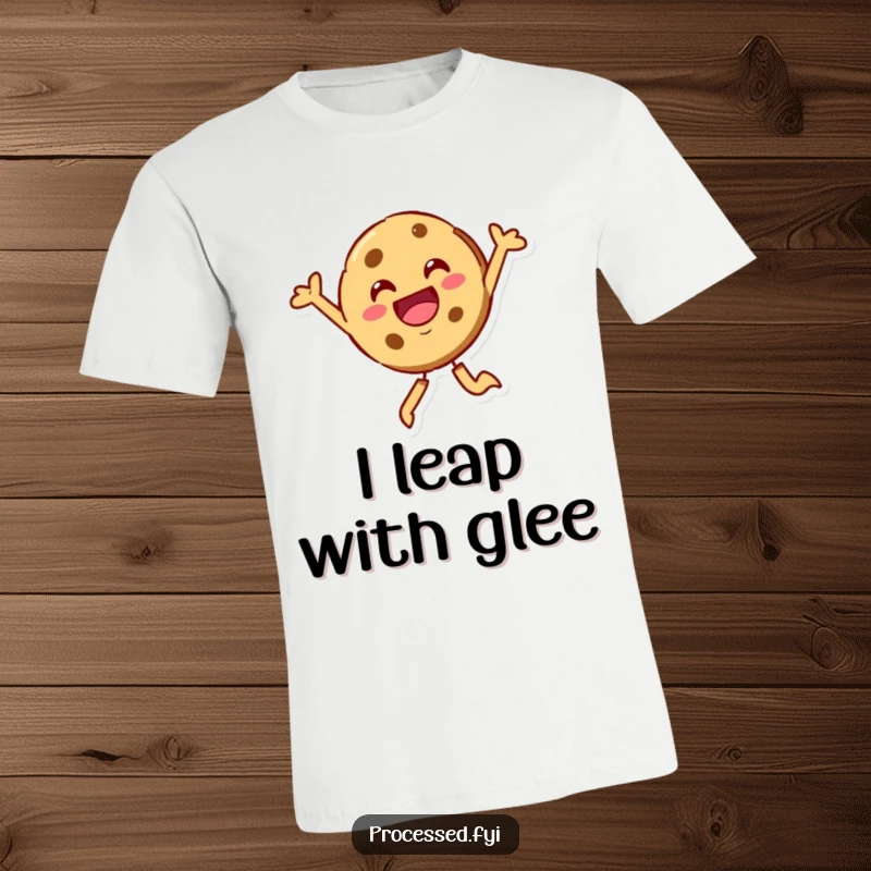 Funny cookie character, beaming and leaping joyfully into the air. A fun graphic shirt for happy moments.