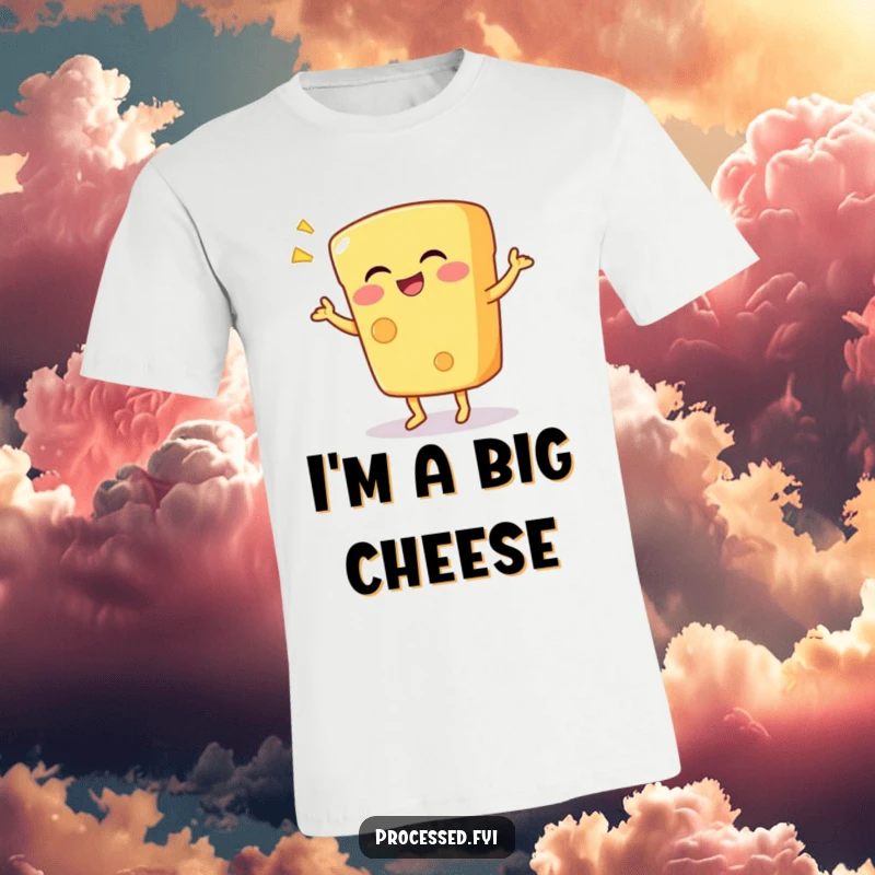 Funny t-shirt depicting a giggling anthropomorphic cheese wedge doing a hilariously silly dance, full of infectious joy.