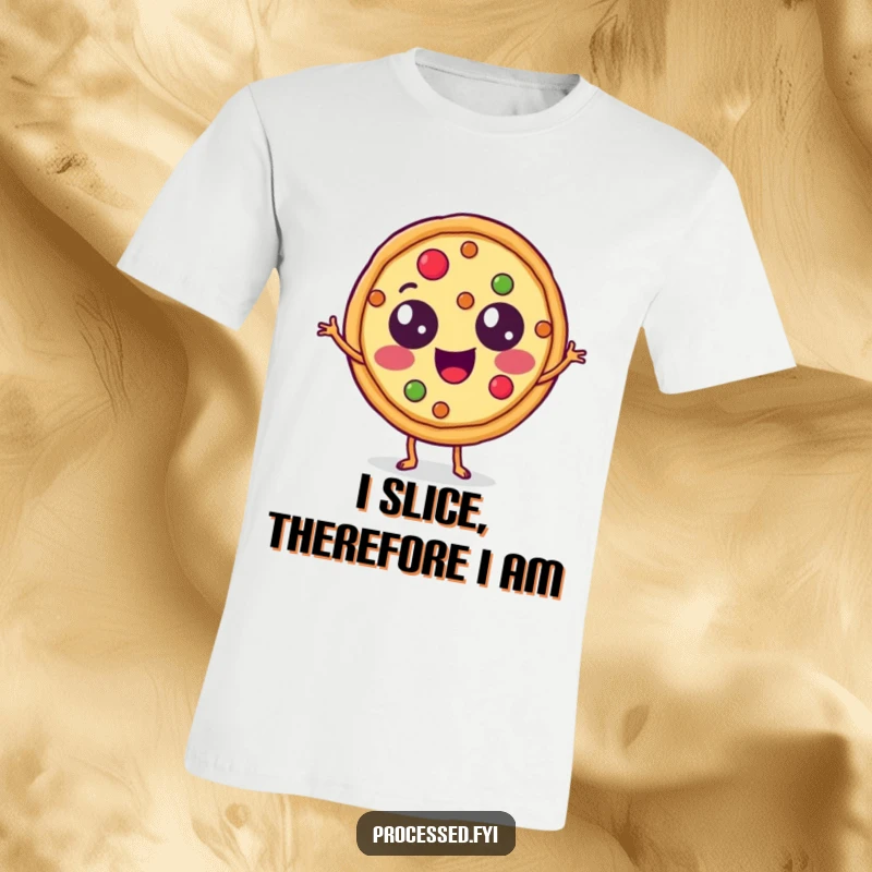 Funny T-Shirt of a happy pizza slice with topping eyes doing a jig, showcasing a fun and appetizing food character.