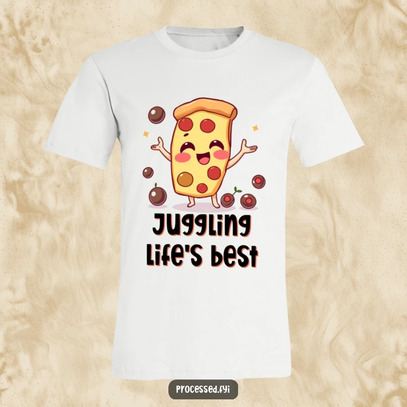 Funny pizza slice character, smiling while juggling olives, showcasing a playful and talented side. A fun graphic shirt.