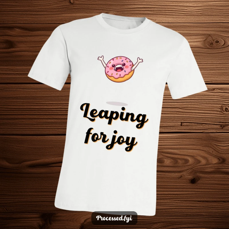 Funny t-shirt featuring a jubilant donut with sprinkles performing an energetic leap, celebrating deliciousness and infectious happiness.