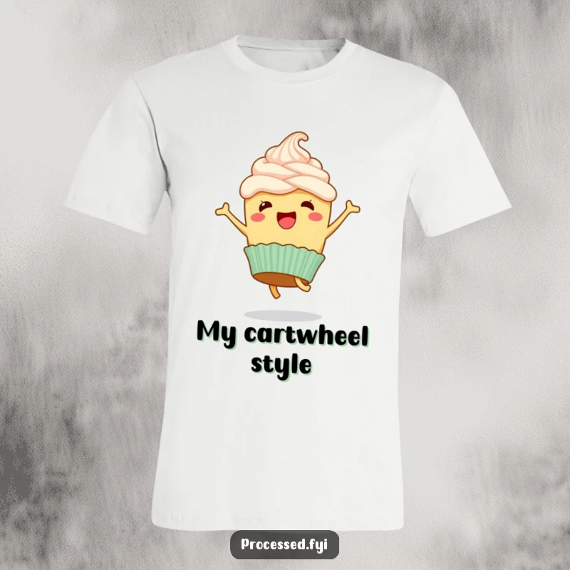 Funny t-shirt of a happy cupcake with frosting performing a joyful, energetic cartwheel.