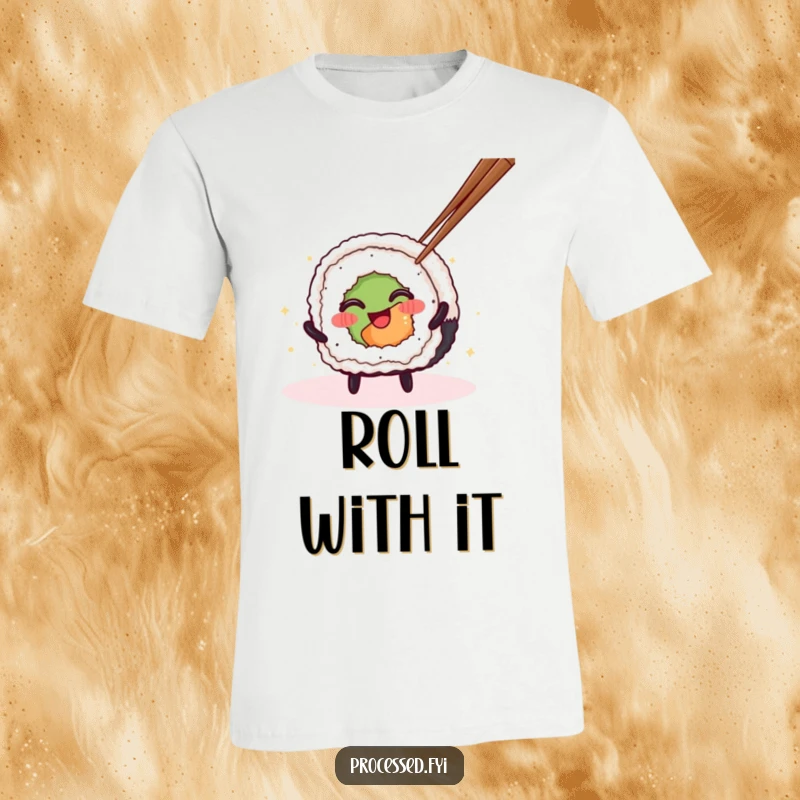 Funny Sushi Roll T-Shirt with a cute, spinning character, showcasing playful humor and a love for Japanese cuisine.
