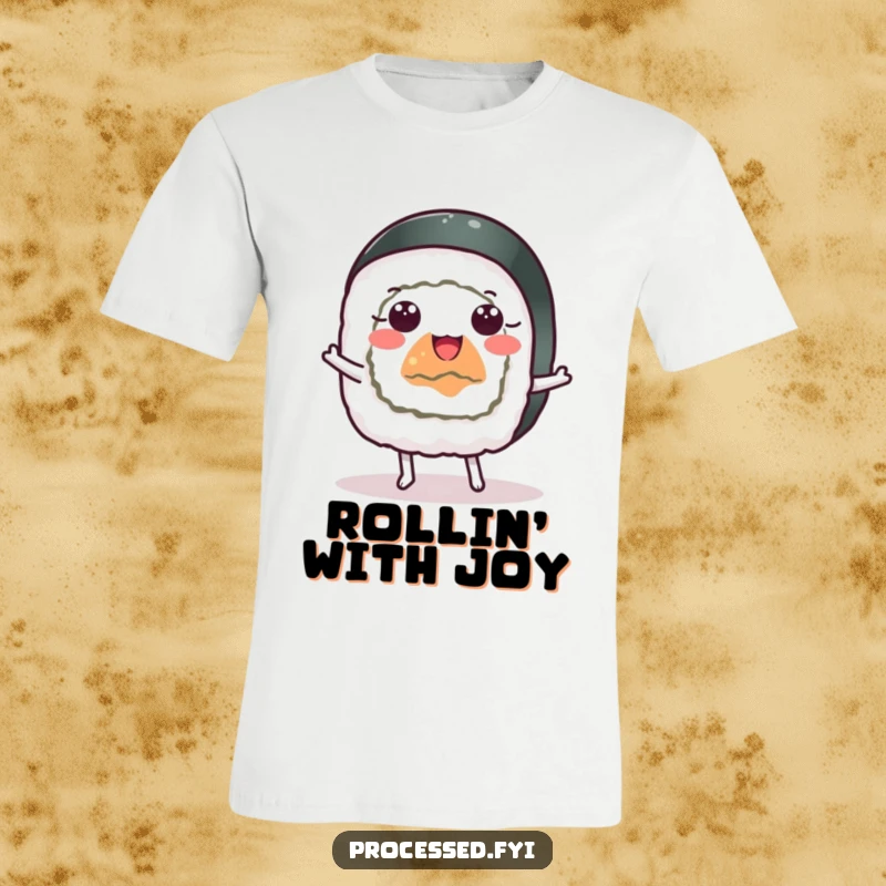 Funny cheerful sushi roll with wide eyes, dancing happily, a humorous and vibrant t-shirt design.