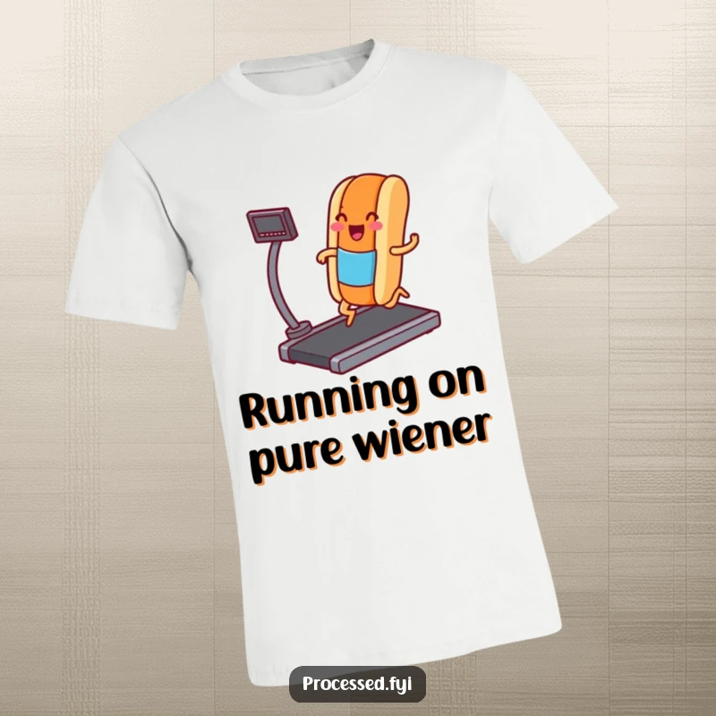 Funny t-shirt showcasing a happy hot dog character with legs, energetically jogging on a treadmill, a humorous activewear choice.