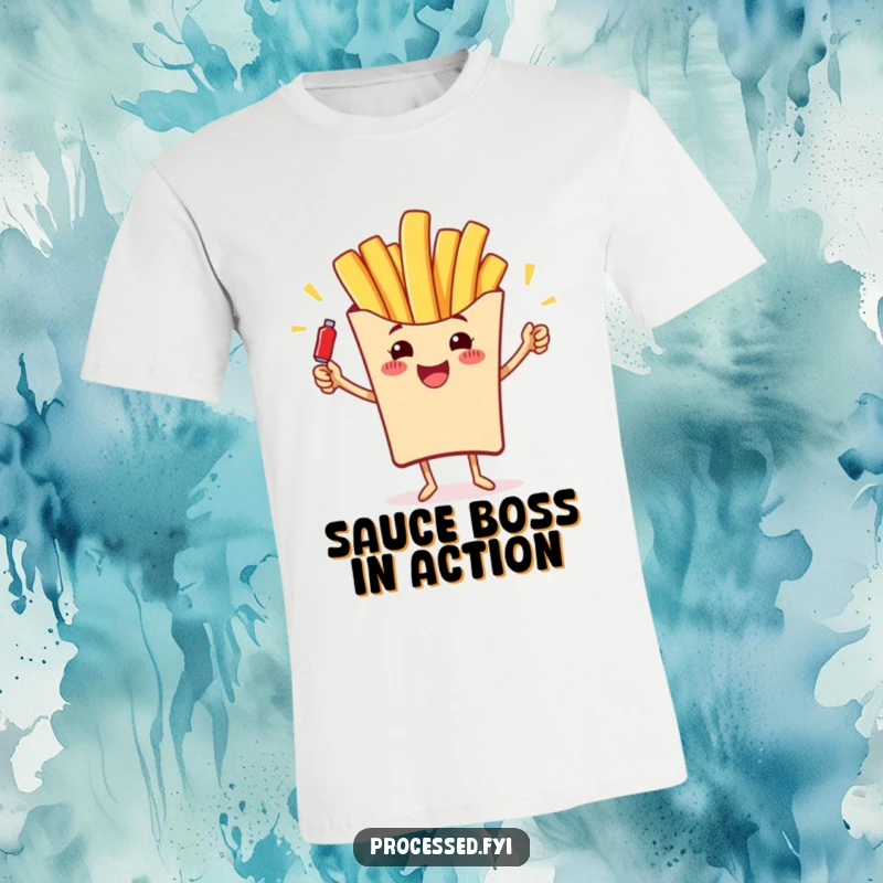 Funny t-shirt featuring a cheerful french fry with tiny face and arms, juggling small ketchup bottles, a humorous food theme.