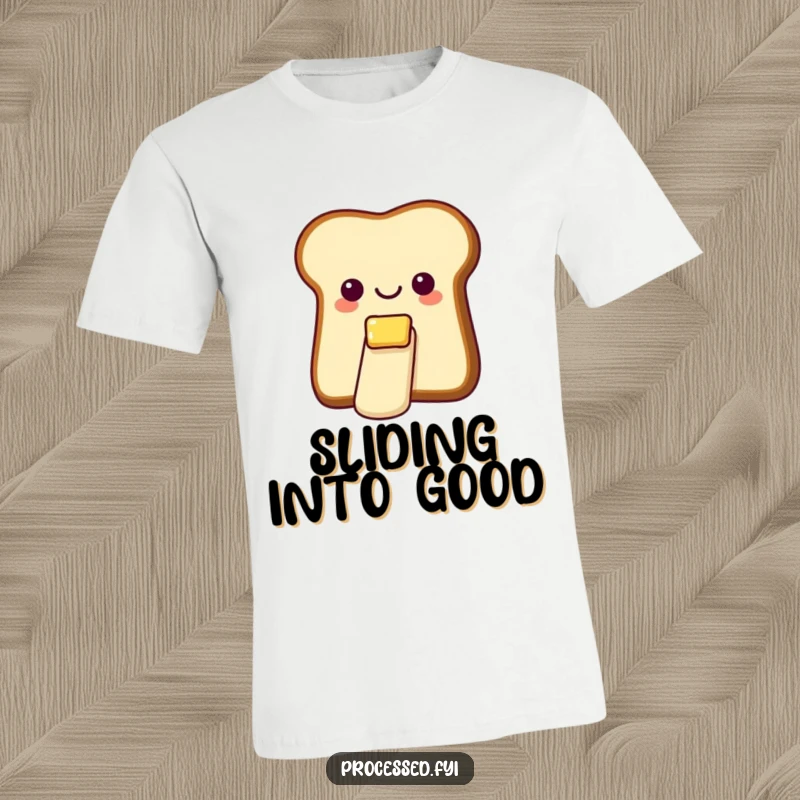 Funny t-shirt of a cheerful bread slice with butter, smoothly sliding down a miniature butter slide.