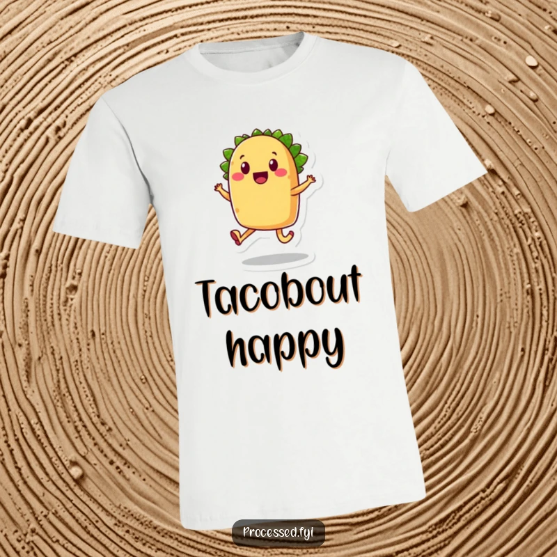 Funny taco t-shirt, a smiling anthropomorphic food character with legs, joyfully skipping.