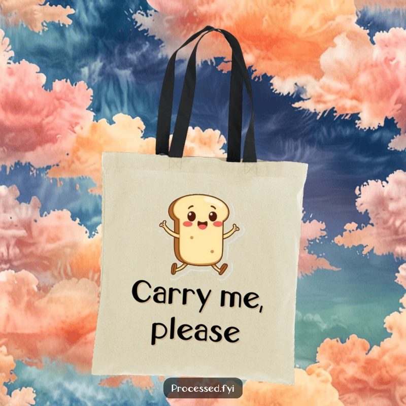 Funny tote bag featuring an anthropomorphic bread roll with legs skipping happily, ready for fun errands and adventures.