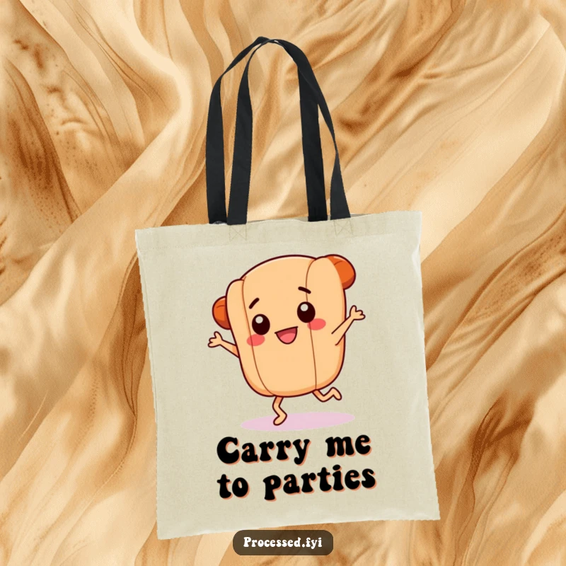 Funny tote bag showcasing a smiling hotdog link with tiny legs doing a frantic dance, perfect for carrying essentials and spreading food-related cheer.