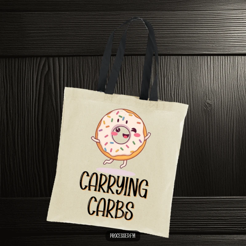 Funny donut tote bag, giddy donut with sprinkles doing a cartwheel, practical and humorous for shopping.
