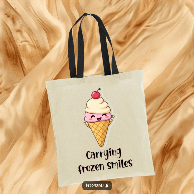 Funny tote bag showcasing a smiling ice cream cone with a cherry, happily shimmying with pure, frozen, delightful joy.