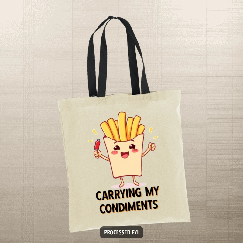 Funny tote bag featuring a cheerful french fry juggling miniature ketchup bottles, a practical and humorous accessory.