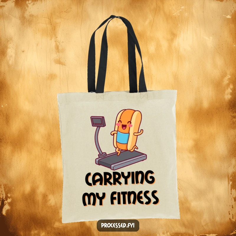 Funny tote bag with a hot dog character jogging on a treadmill, a humorous and useful accessory for shopping or daily use.