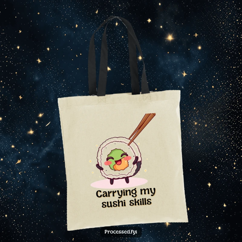 Funny Sushi Roll Tote Bag showcasing a playful spinning character, ideal for carrying essentials with a humorous flair.