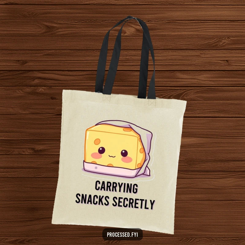 Funny Shy Cheese Tote Bag: A blushing block of cheese with a shy smile, peeking playfully from its wrapper.