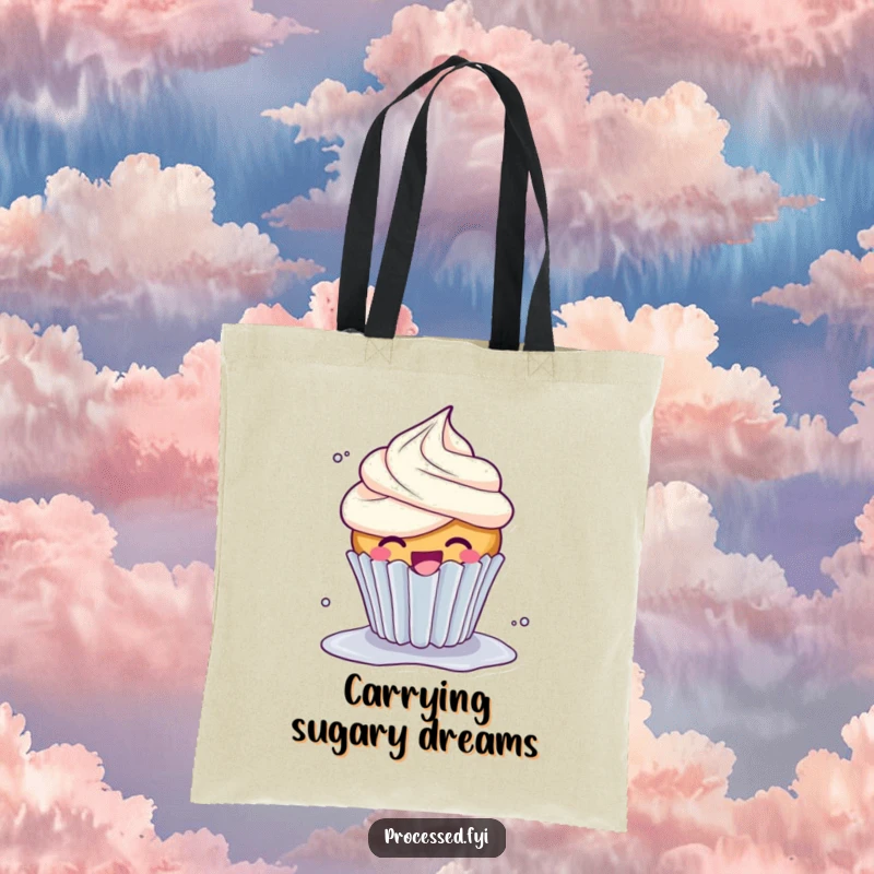 Funny Giggle Cupcake Tote Bag: A cheerful, giggling cupcake with excess frosting, spinning joyfully and playfully.